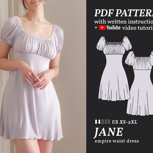Patron de couture robe mini/maxi taille empire JANE / TP-2XL Patron de couture PDF numérique facile pour débutants / Patron, brochure et tutoriel vidéo