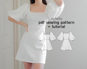 Sukienka mini z bufiastymi rękawami Ophelia - wzór do szycia w formacie PDF - rozmiary amerykańskie od Xs do 2Xl - natychmiastowe pobranie pliku PDF z instrukcjami i samouczkiem wideo