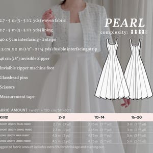 May include: A white dress pattern with the word "PEARL" and a complexity rating. The image includes fabric requirements, such as 2.7-5 m woven fabric, a 46 cm invisible zipper, and a fabric width of 150 cm (58-60 inches).