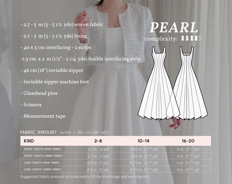 May include: A white dress pattern with the word "PEARL" and a complexity rating. The image includes fabric requirements, such as 2.7-5 m woven fabric, a 46 cm invisible zipper, and a fabric width of 150 cm (58-60 inches).