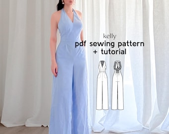 Halter-Neck Jumpsuit Sewing Pattern: Shirred Back, US Sizes 2-20 (PDF Download)