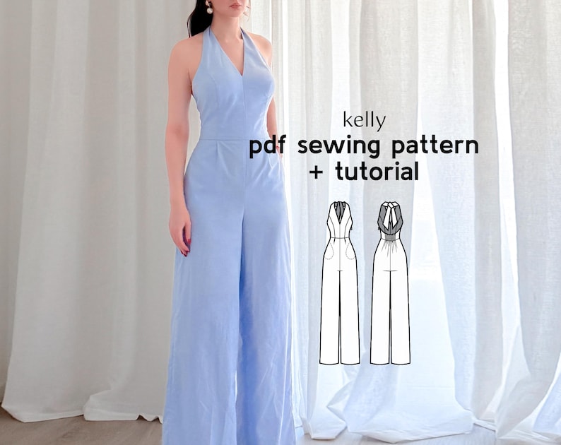 May include: A light blue halter-neck jumpsuit with wide legs. The garment has a V-neckline and a fitted waist. The image includes the text "Kelly pdf sewing pattern + tutorial" and two line drawings of the jumpsuit.