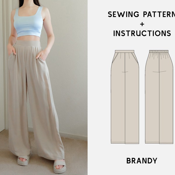 Patron de couture PDF pour pantalon large taille haute, patron numérique brandy tailles XS-2XL + instructions et tutoriel vidéo, téléchargement immédiat