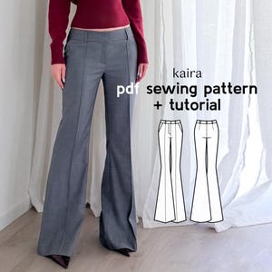 Puede incluir: Pantalones grises acampanados con costura frontal, combinados con un top burdeos. La imagen incluye un patrón de costura PDF y un tutorial, con el texto "kaira pdf sewing pattern + tutorial".