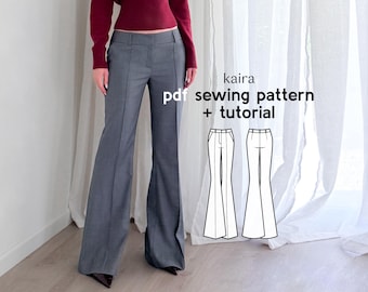 Kaira Flared Leg Pants Sewing Pattern: Low Waisted Dress Trousers (PDF Download)