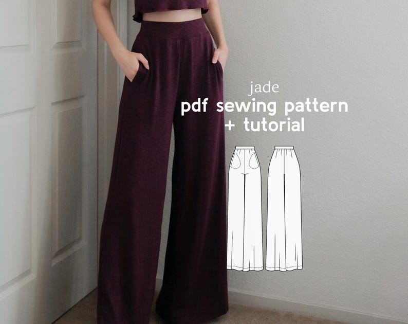 Op de afbeelding: Bordeaux broek met wijde pijpen en zakken. De broek wordt gecombineerd met een bijpassende crop top. De afbeelding bevat de tekst "jade pdf sewing pattern + tutorial" en een lijntekening van de broek.