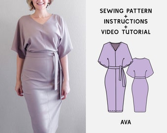 AVA Bodycon Knit Dress Digital sewing pattern XS-4XL PDF Sewing Pattern for Beginners Instant download Instruction E-book & Video