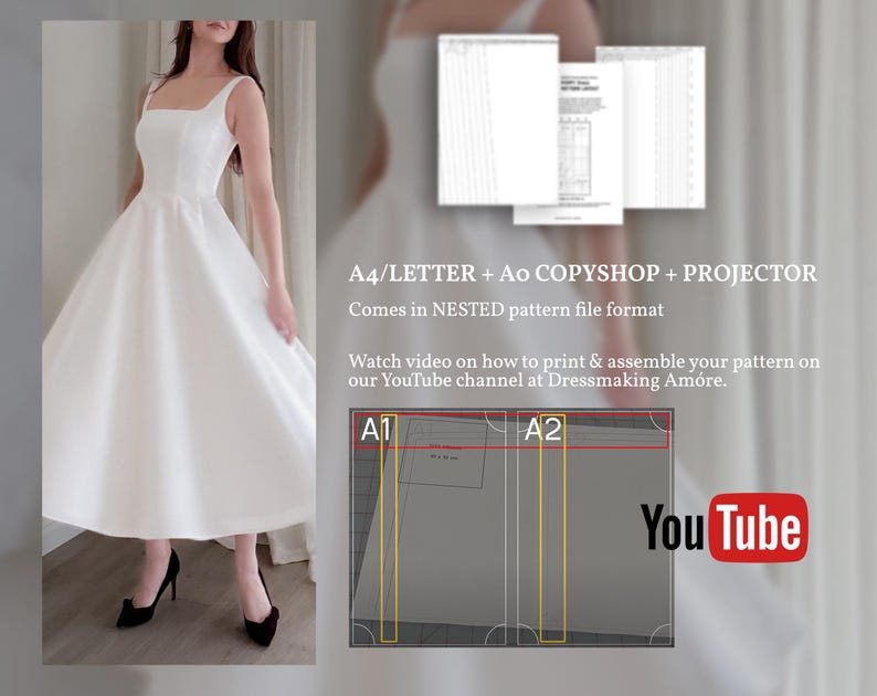 May include: A white midi dress with a square neckline and a full skirt. The image includes pattern instructions and a YouTube logo. Text on the image reads "A4/LETTER + Ao COPYSHOP + PROJECTOR" and "Watch video on how to print & assemble your pattern on our YouTube channel at Dressmaking Am&oacute;re."