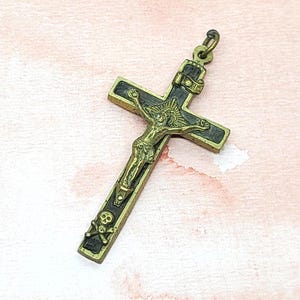 Antique Crucifix Brass Ebony Wood French Pectoral Crucifix Skull Crossbones 3.5&quot;