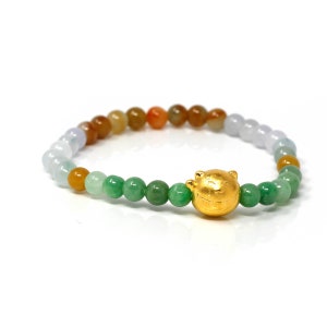 Genuine High-quality Jade Jadeite Bracelet Bangle with 24k Yellow Gold Cat Charm #414