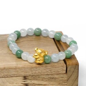 Genuine High-quality Jade Jadeite Bracelet Bangle with 24k Yellow Gold Cat Charm #414