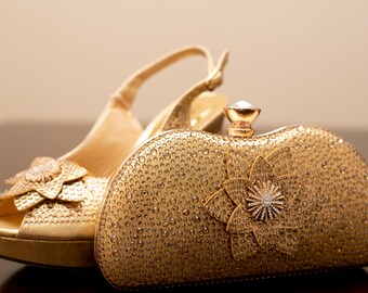 gold shoes with matching bag