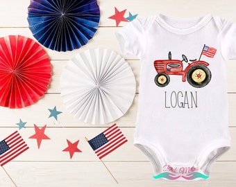 Personalized red farm tractor- Kids 4th of July shirt