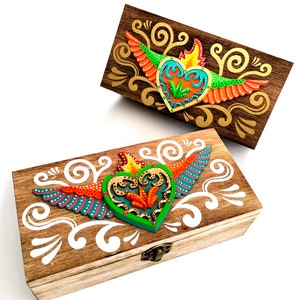Wooden Box with a Mexican Milagritos Heart, Jewelry box, Gift, mothers day presents, Mother's day gift, Mother's Day, wooden jewelry box.