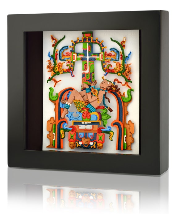 Mayan King Pakal Wall Art, 3D Paper Sculpture Tombstone Relief, Palenque Mexico Decor, Mexican Folk Art Gift, Handmade Wall Hanging