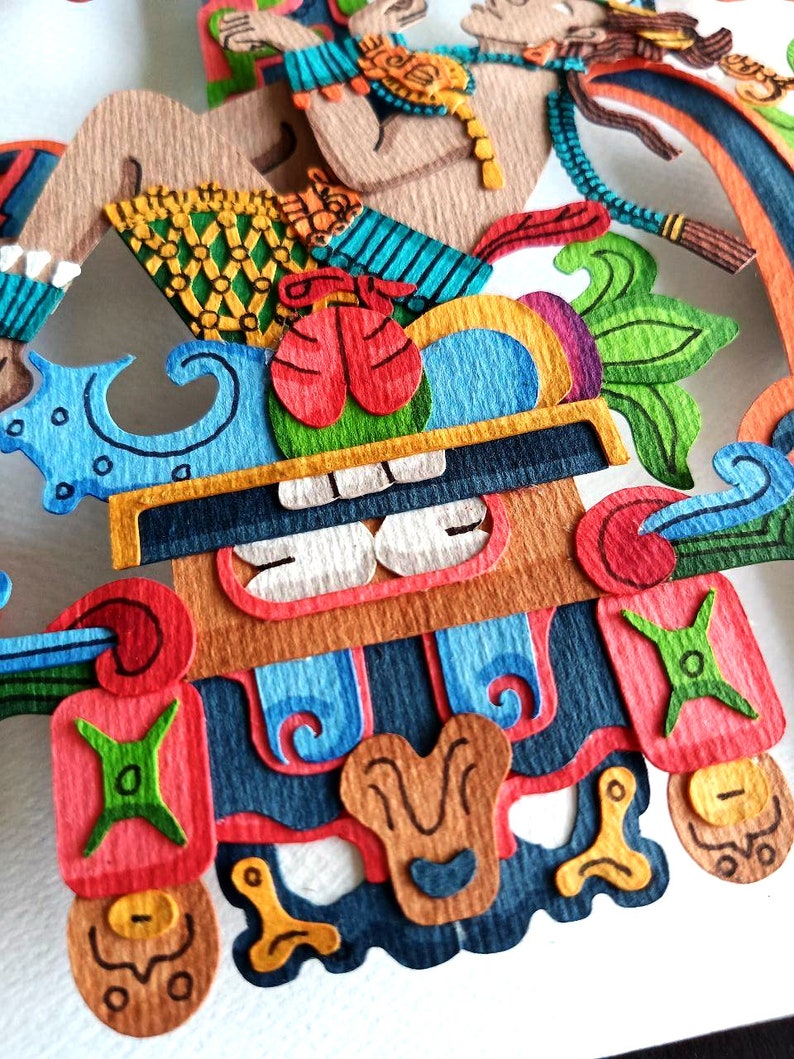 May include: A colorful paper mache sculpture of a mythical creature with a large, toothy mouth. The sculpture is made of layered paper and painted in bright colors, including red, blue, green, and yellow.