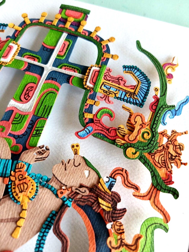 May include: A paper cut-out art piece depicting a stylized figure with a crown and a cross. The figure is surrounded by intricate details in shades of green, blue, orange, and yellow.