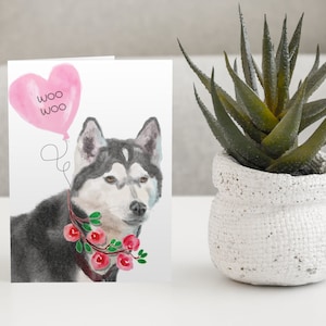 Sibirische Husky Grußkarte, Valentinstagskarte, SchlittenHund Karte, I Love You Husky, Jubiläumskarte, Geburtstagsdesign, Aquarell Husky