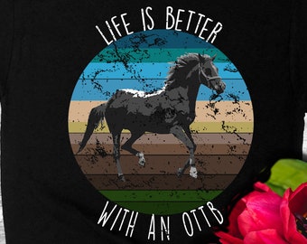 May include: Black t-shirt with a vintage-style graphic of a horse running in front of a sunset. The text "Life is better with an OTTB" is printed below the graphic.