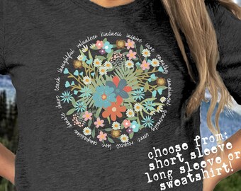 Camiseta inspiradora sobre la amabilidad y camiseta motivacional para profesores y consejeros. Sudadera con estampado de flores silvestres estilo boho. Regalo para profesores: ¡Sé amable!