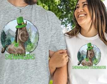 May include: Two gray and white t-shirts with a cartoon illustration of a brown horse wearing a green hat and holding a shamrock. The text on the shirts reads "Shenanigans" and "Shenanigans Coordinator".