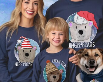 Personalized Christmas Bear Sweatshirt Family Group Matching Winter Polar Bear Cute Grizzly Bear Lover Dog Bandana Matching Family Sweaters