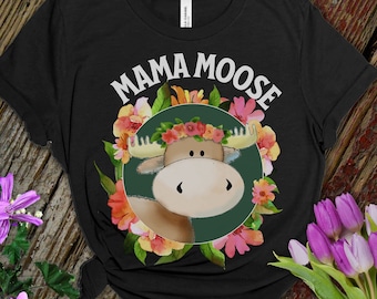 May include: Black t-shirt with a cartoon moose wearing a flower crown and the text "Mama Moose" in white letters.