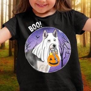 Camicia fantasma Husky Halloween Boo taglia GIOVANE, regalo carino per amante dei cani da slitta, costume fantasma divertente, maglietta Halloween per bambini, camicia Husky grigia