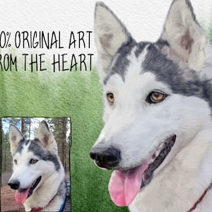 May include: A watercolour painting of a husky dog with brown eyes and a pink tongue sticking out. The dog is looking to the right of the image. The background is a green watercolour wash.