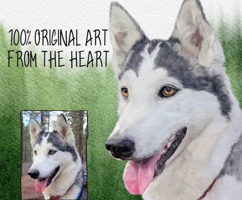 May include: A watercolour painting of a husky dog with brown eyes and a pink tongue sticking out. The dog is looking to the right of the image. The background is a green watercolour wash.