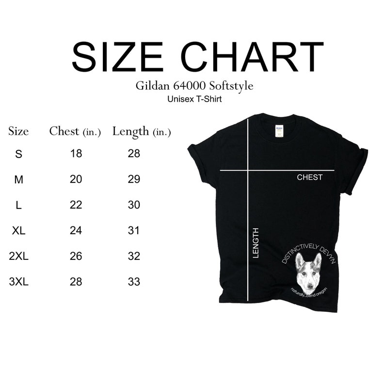 May include: Size chart for a Gildan 64000 Softstyle Unisex T-Shirt. The chart shows the chest and length measurements in inches for sizes S, M, L, XL, 2XL, and 3XL.