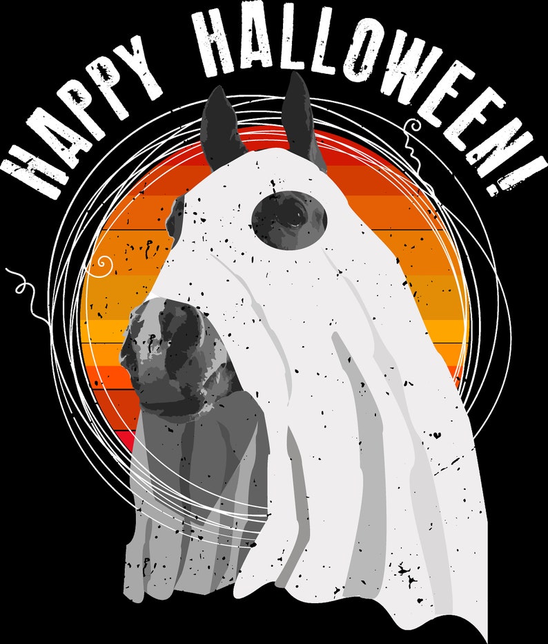 May include: A black and white horse wearing a white ghost costume with a single black eye hole. The horse is in front of a sunset-colored background with the text "Happy Halloween!" in white.