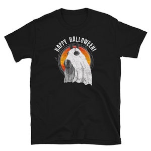 May include: Black t-shirt with a retro-style graphic of a ghost wearing a hat and the text "Happy Halloween!"