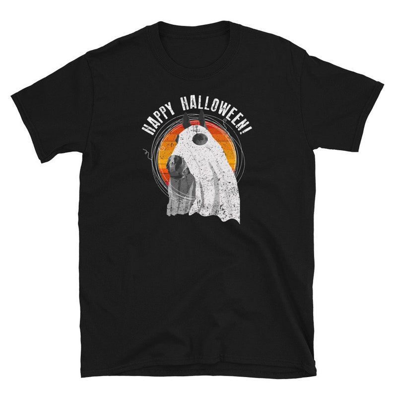 May include: Black t-shirt with a retro-style graphic of a ghost wearing a hat and the text "Happy Halloween!"