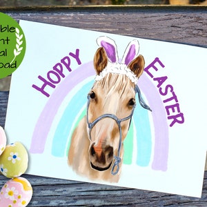 Cavallo di Pasqua felice con cartolina d'auguri di orecchie da coniglio, download digitale amante dei cavalli, download istantaneo divertente 5 x 7, dressage quarter horse OTTB