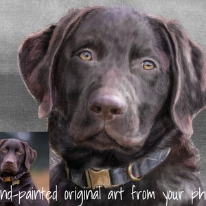May include: Hand-painted portrait of a chocolate brown Labrador Retriever with a black collar. The dog has brown eyes and a sweet expression. The painting is on a textured canvas background.