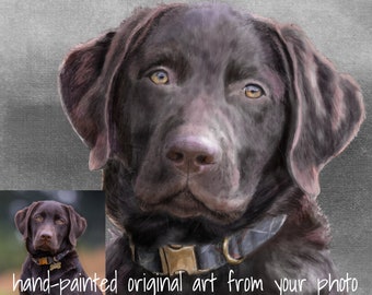 May include: Hand-painted portrait of a chocolate brown Labrador Retriever with a black collar. The dog has brown eyes and a sweet expression. The painting is on a textured canvas background.