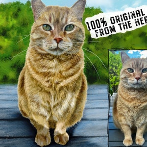May include: A close-up portrait of a tabby cat sitting on a wooden deck. The cat has green eyes and a serious expression. The background is blurred and shows green foliage.