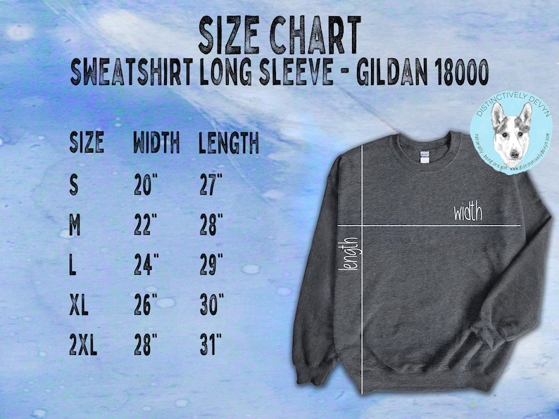 May include: Size chart for a Gildan 18000 long-sleeved sweatshirt. The chart shows the width and length measurements in inches for sizes S, M, L, XL, and 2XL.