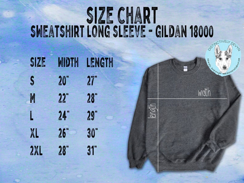 Puede incluir: Tabla de tallas para una sudadera de manga larga Gildan 18000. La tabla muestra las medidas de ancho y largo en pulgadas para las tallas S, M, L, XL y 2XL.