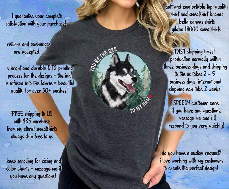 Puede incluir: Una camiseta gris oscuro con una ilustraci&oacute;n de un perro husky blanco y negro. El texto "You're the Gee to my Haw" est&aacute; impreso en la camiseta.
