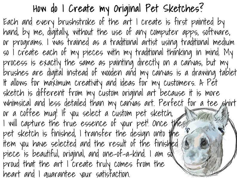 May include: A hand-drawn illustration of a horse's head with a white star on its forehead. The illustration is in a watercolor style with shades of gray and white. The text "How do I Create my Original Pet Sketches?" is written in black cursive above the illustration.