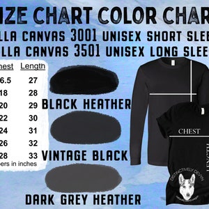 May include: Size chart for Bella Canvas 3001 and 3501 unisex short and long sleeve shirts. The chart shows chest and length measurements in inches for sizes XS to 3XL. Colour options include Black Heather, Vintage Black, and Dark Grey Heather.