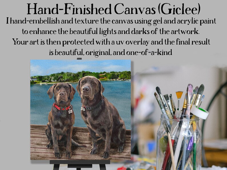 May include: Hand-finished canvas print of two brown Labrador Retrievers sitting on a wooden jetty by a lake. The print is on a canvas stretched over a wooden frame. The text "Hand-Finished Canvas (Giclee)" is at the top of the image. The text "I hand-embellish and texture the canvas using gel and acrylic paint to enhance the beautiful lights and darks of the artwork. Your art is then protected with a uv overlay and the final result is beautiful, original, and one-of-a-kind" is below the image.