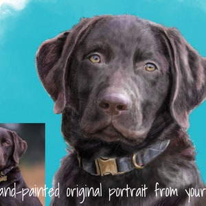 May include: A hand-painted portrait of a chocolate brown Labrador Retriever dog against a blue background. The dog is looking directly at the viewer with a serious expression. The dog is wearing a black collar with a gold buckle.