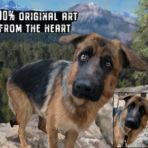 May include: A painting of a German Shepherd dog standing on a rocky mountain path. The dog is looking at the viewer with a sweet expression. The background is a mountain range with snow-capped peaks. The text "100% ORIGINAL ART FROM THE HEART" is written at the top of the image.