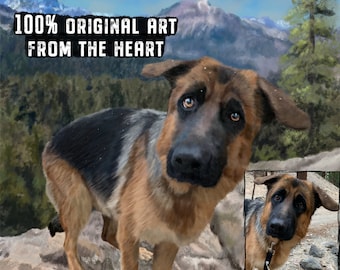 May include: A painting of a German Shepherd dog standing on a rocky mountain path. The dog is looking at the viewer with a sweet expression. The background is a mountain range with snow-capped peaks. The text "100% ORIGINAL ART FROM THE HEART" is written at the top of the image.