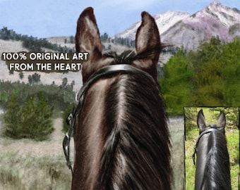Puede incluir: Una vista cercana de la cabeza y el cuello de un caballo negro, con las orejas levantadas. El caballo lleva una brida de cuero marrón y mira hacia una cordillera en la distancia. El caballo está de pie en un campo de hierba verde.