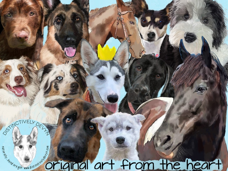 May include: A collage of digital paintings featuring various dog breeds and horses. The dogs include a German Shepherd, a Labrador Retriever, an Australian Shepherd, a Husky, and a few other mixed breeds. The horses are brown and black with white markings. The background is a light blue colour. The text "original art from the heart" is at the bottom of the image.