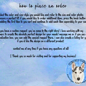May include: A blue and white watercolour background with text that reads "how to place an order". The text explains how to order items from the shop. The text also includes a message from the shop owner, "I love working with my customers to create the absolute perfect design for your needs!" The text also includes a logo for the shop, "Distinctively Devyn Art".